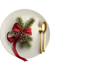 Elegant Christmas table setting with golden cutlery, pine sprig, and red ribbon on a white background.  PNG transparent.