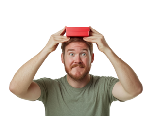 Man with a funny expression holding a small red gift box on his head on a white background. PNG transparent.
