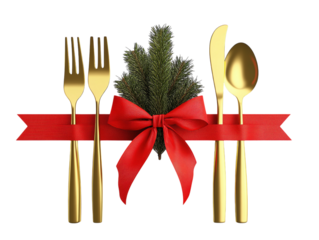 Elegant Christmas table setting with golden cutlery, pine sprig, and red ribbon on a white background.  PNG transparent.