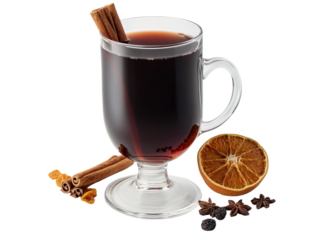 Glass of mulled wine with cinnamon stick, dried oranges, and berries on a white background.  PNG transparent.