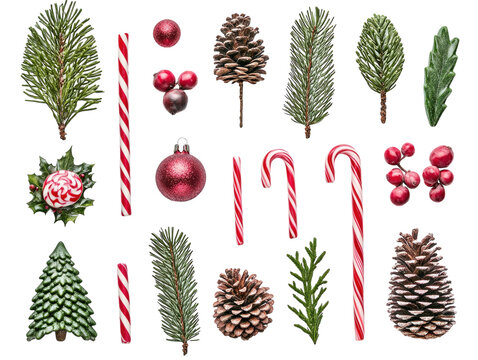 Flat lay of various red and green Christmas decorations including candy canes and pine cones on a white background.  PNG transparent. - Powered by Adobe