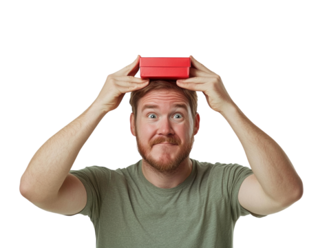 Man with a funny expression holding a small red gift box on his head on a white background.  PNG transparent.