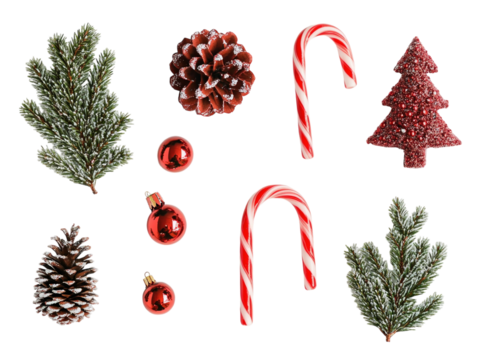 Flat lay of various red and green Christmas decorations including candy canes and pine cones on a white background.  PNG transparent.