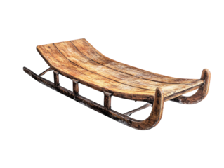 Wooden sled with metal runners, perfect for winter sports, on a white background.  PNG transparent.