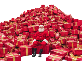 Santa Claus sitting in front of a huge pile of red and gold wrapped presents on a white background.  PNG transparent.