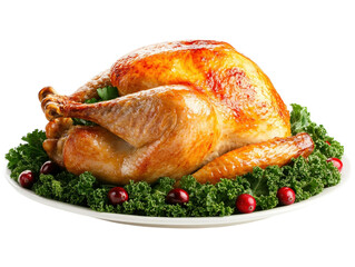 Golden brown roasted turkey garnished with kale and cranberries on a white background.  PNG transparent.