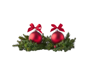 Two red Christmas bells with green pine decoration and red ribbon on a white background.  PNG transparent.