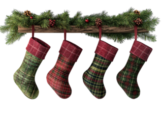 Three red and green Christmas stockings hanging from a wooden bar with ribbons on a white background.  PNG transparent.