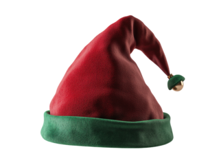 Red and green elf hat with small bells and a curved top on a white background.  PNG transparent.