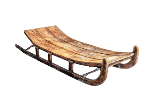 Wooden sled with metal runners, perfect for winter sports, on a white background.  PNG transparent.