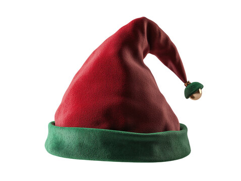 Red and green elf hat with small bells and a curved top on a white background.  PNG transparent.