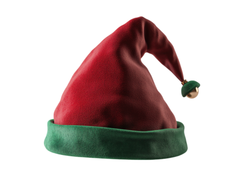 Red and green elf hat with small bells and a curved top on a white background.  PNG transparent.