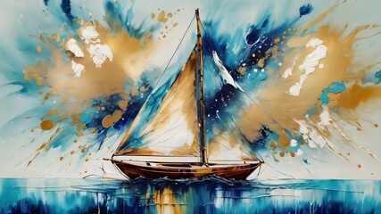 sailing ship on the sea,Blue and Gold Liquid Wave Wallpaper. Curve Mixed Blended Fluid Texture. Abstract Artistic Marvel in Fluid Patterns. Luxurious Design Aesthetic with Vibrant Textures