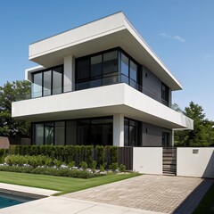 Fototapeta premium Modern luxury house with a well-manicured lawn..