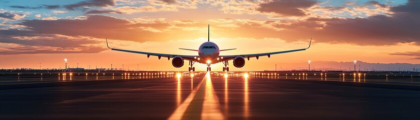 A dramatic sunset view of an airport runway, with the silhouette of a plane in the background, the runway lights in sharp focus, creating a cinematic and breathtaking scene