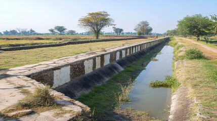 Fototapeta premium Agricultural canal dried up during severe summer drought heatwave, leading to water crisis stress on crops, highlighting the impact of climate change and long-term water shortages on rural farming