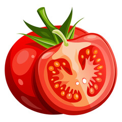 Realistic red fresh whole and half tomato slices flat vector illustration. Watercolor painting of tomato slice outline in a cartoon-style sliced tomato design.