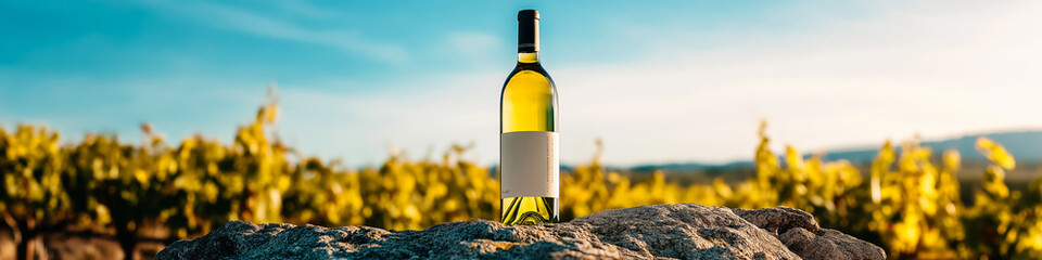 White wine mock-up. A bottle of white wine on a rock in a vineyard with an empty label