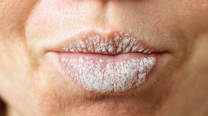 Fototapeta premium Candidiasis on the tongue represented by white coating, illustrating oral thrush symptoms and the importance of recognizing and treating fungal infections for better health and well-being