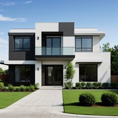 Modern luxury house with a well-manicured lawn..