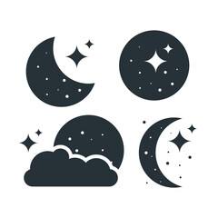 Minimalistic moon and stars icons in vector format, symbolizing night sky, calm, and tranquility. Perfect for use in design projects related to astronomy, sleep, or night themes