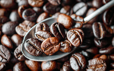 Roasted coffee bean on a stainless steel spoon, Close-up of fresh roasted coffee bean, Wallpapers of  roasted coffee bean, macro