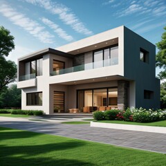 Fototapeta premium Modern luxury house with a well-manicured lawn..