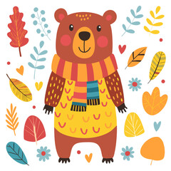 Friendly Bear in Striped Scarf Surrounded by Autumn Leaves