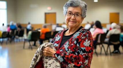 Elderly woman wrapped in a blanket, standing in a community center, expressing warmth, comfort, and connection during a social gathering for senior citizens, symbolizing care and companionship