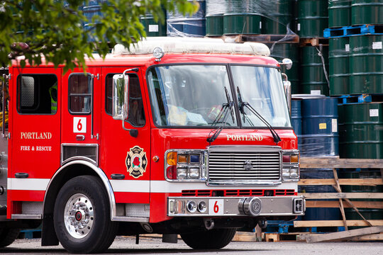 Portland, Oregon/USA-June 19, 2019: Firetruck with  first responders and rescuers hurrying to an accident place, responding on emergency call. High quality picture for download.