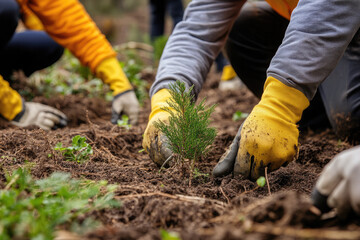a group of people planting young tree roots