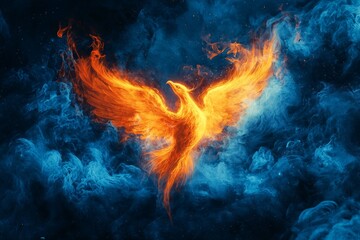 Fototapeta premium An orange phoenix rising from blue flames against a dark backdrop. 