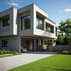 Fototapeta premium Modern luxury house with a well-manicured lawn..