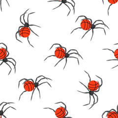 Flat style spider,  seamless pattern. Drawing sketch of the black spider. Halloween, folklore black magic attribute. Vector.