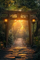 Obraz premium A beautiful torii gate on a path toward a mountain with beautiful lighting 