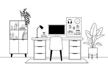 Office workplace interior with furniture. Workplace with computer and bookshelf. Flat design vector illustration.