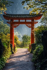 Obraz premium A beautiful torii gate on a path toward a mountain with beautiful lighting 