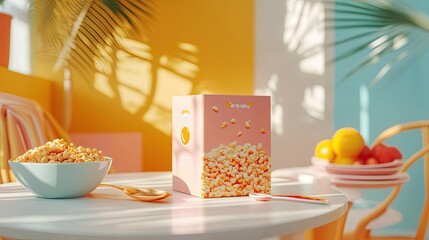 A cereal box mockup featuring playful branding, displayed on a breakfast table with a bowl of cereal and spoon