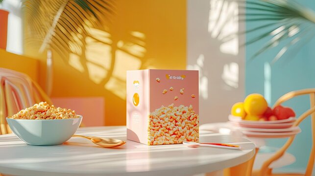 A cereal box mockup featuring playful branding, displayed on a breakfast table with a bowl of cereal and spoon