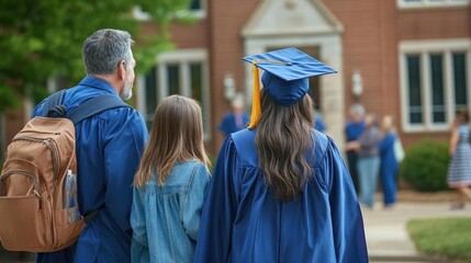 A family taking pictures with their graduate in front of the school, capturing the moment forever