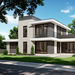 Fototapeta premium Modern luxury house with a well-manicured lawn..