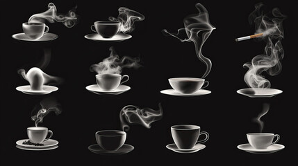 A collection of realistic 3D illustrations showing smoke and steam on a black background.  The images include tea smoke, coffee steam, food vapor, cigarette smoke, and hookah smoke.