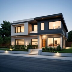 Modern luxury house with a well-manicured lawn..