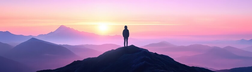 Obraz premium Person standing on a mountaintop at dawn, ready to face new challenges
