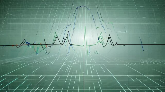 A camera zooms into a complex graph of sine and cosine functions, dynamically animated against a green grid background, illustrating the relationships in a futuristic digital environment.