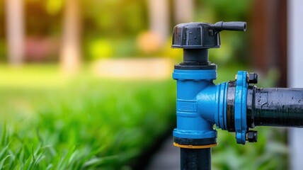 A water pump connected to a rainwater harvesting system, distributing collected water to a garden, rainwater pump system, sustainable home irrigation