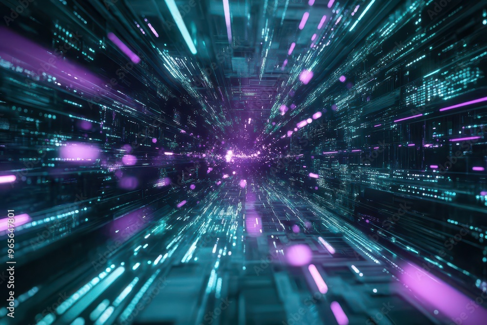 Poster nano computer emitting data streams in a digital universe, cyberpunk, purple and teal, photorealism,