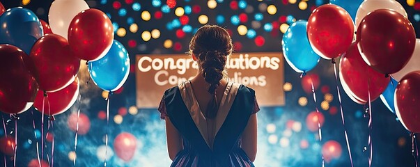 A graduate standing proudly in front of a "Congratulations" sign, surrounded by balloons and streamers