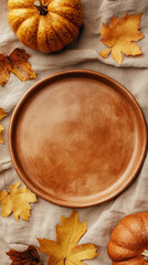 Fototapeta premium Thanksgiving vibes. Rich brown clay plate with pumpkins and fall leaves. Halloween craft. Top view. Generative AI