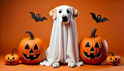 halloween jack o lantern, Dog wearing a ghost costume sitting between pumpkins for Halloween